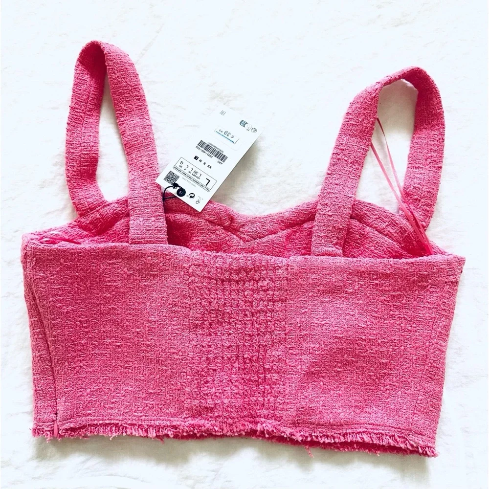 Zara Pink Textured Tweed Cropped Bustier Top BNWT